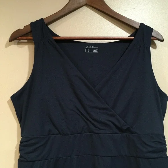 Eddie Bauer Womens L Tall Navy Blue V Neck Faux Wrap Ruched Waist Midi Dress - Picture 2 of 9